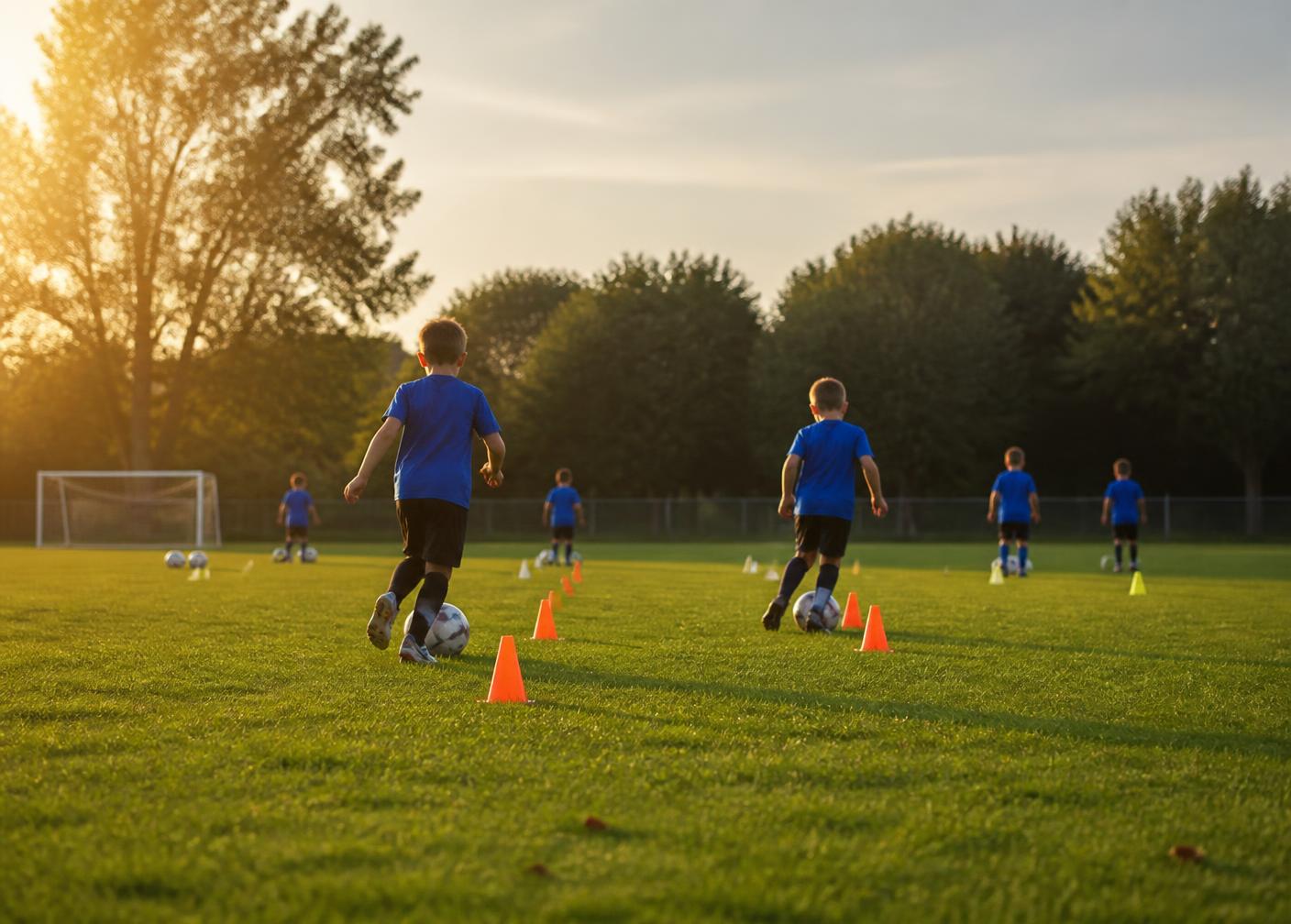 Young players dribbling through cones at a junior football training session